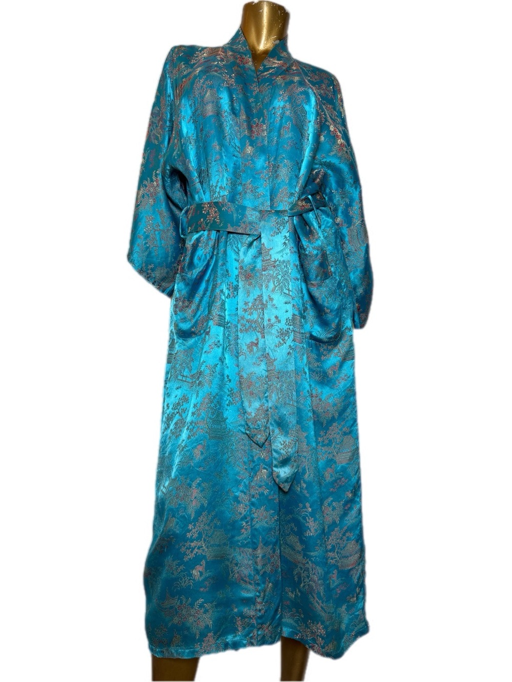 Vintage Solz Squirrel Turquoise Brocade Kimono Robe Asian Scenic Pagoda Jacquard